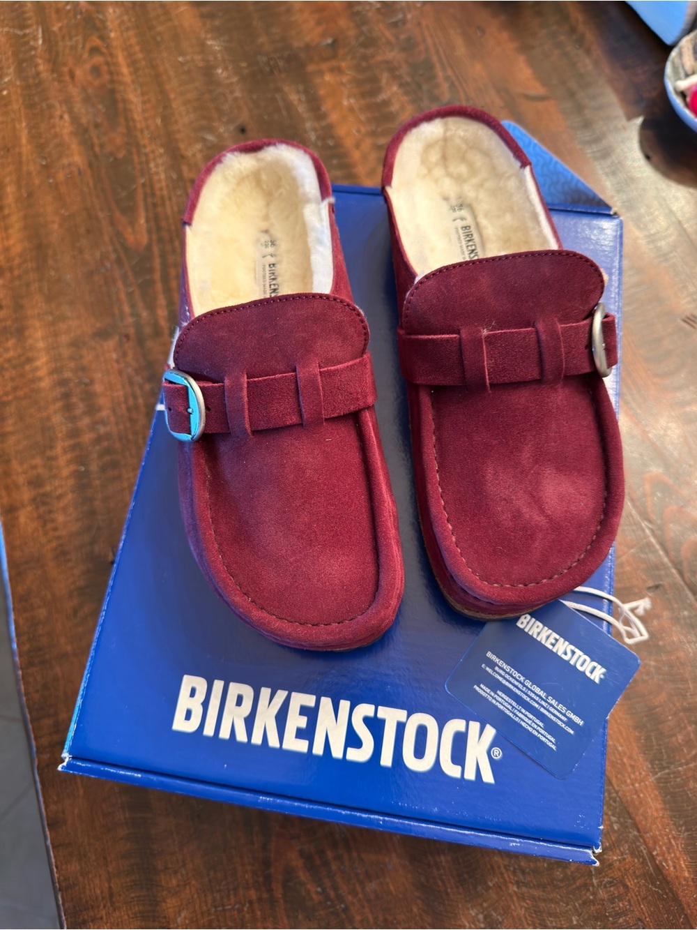 NIB Birkenstock Burgundy Suede Shearling-Lined Slip-On Shoes